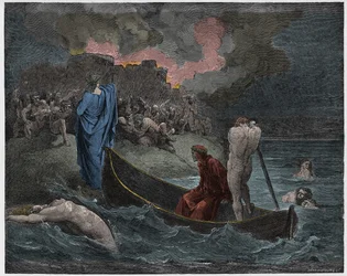 Piekło, pieśń VIII: Wergiliusz i Dante schodzą na ląd przy cytadeli Dis (Dite), ilustracja do Boskiej komedii Dantego Alighieriego, 1885, według Dorégo